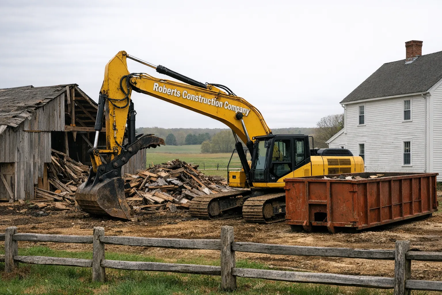 Demolition contractor in Brooklyn, CT — Roberts Construction Company excavator taking down a barn