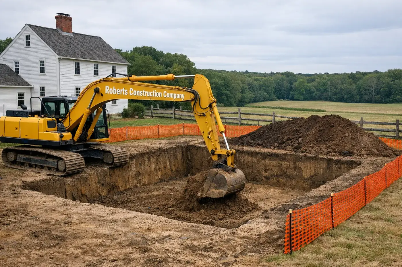 Excavation contractor in Brooklyn, CT — Roberts Construction Company excavator digging a foundation on a Brooklyn jobsite
