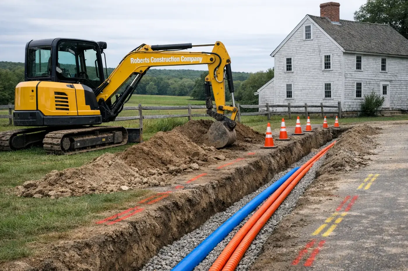 Underground utilities in Brooklyn, CT — Roberts Construction Company excavator over an open water line and conduit trench