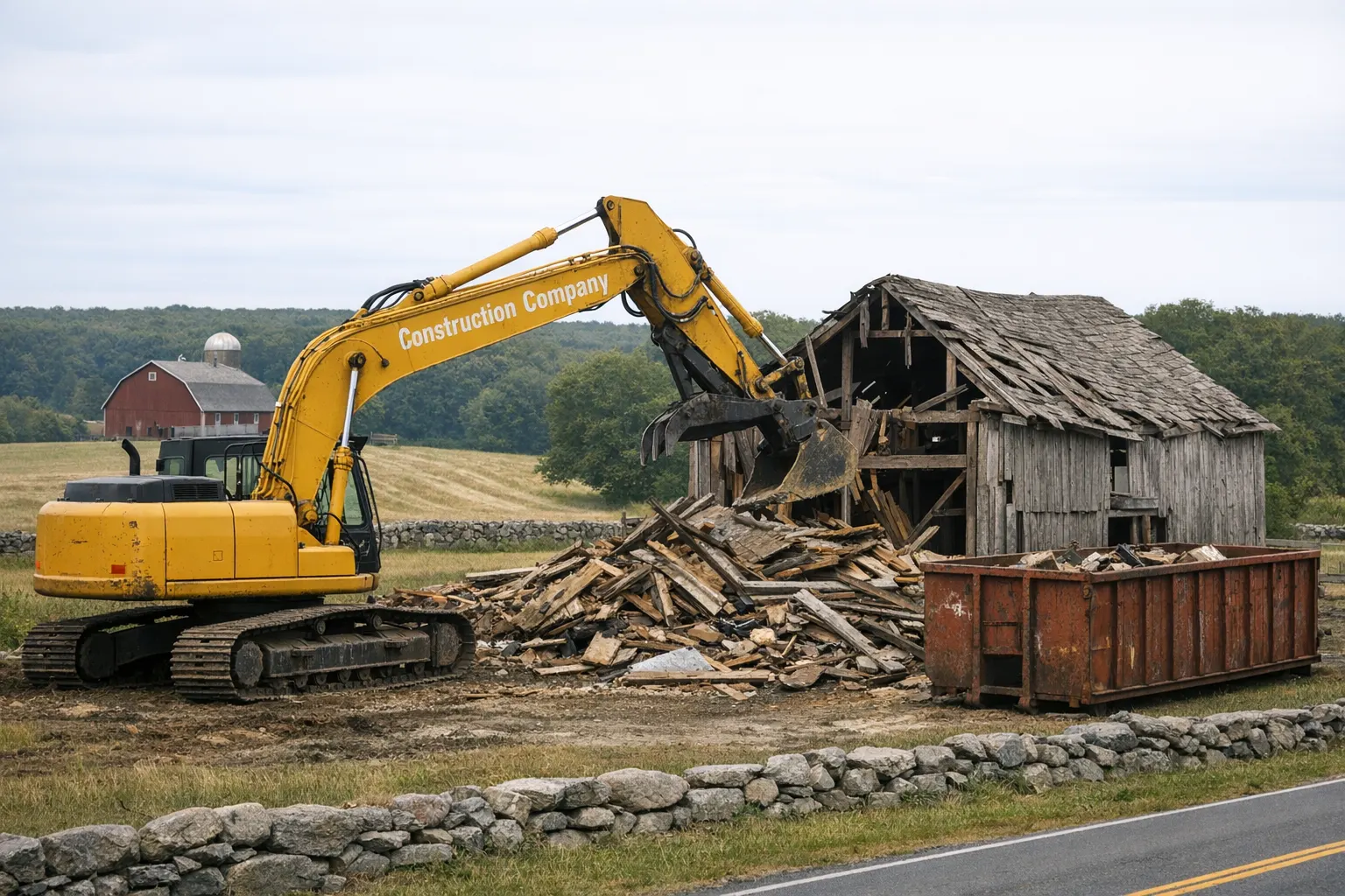Demolition contractor in Canterbury, CT — Roberts Construction Company excavator taking down a barn
