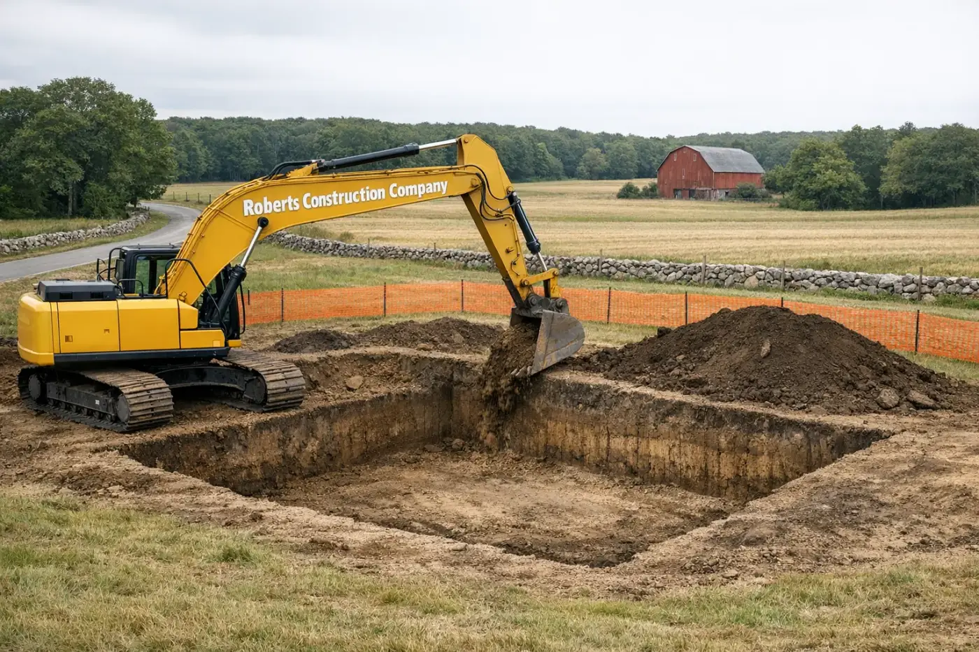 Excavation contractor in Canterbury, CT — Roberts Construction Company excavator digging a foundation on a Canterbury jobsite