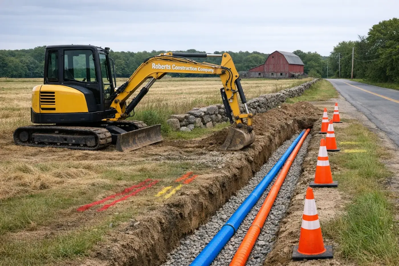 Underground utilities in Canterbury, CT — Roberts Construction Company excavator over an open water line and conduit trench