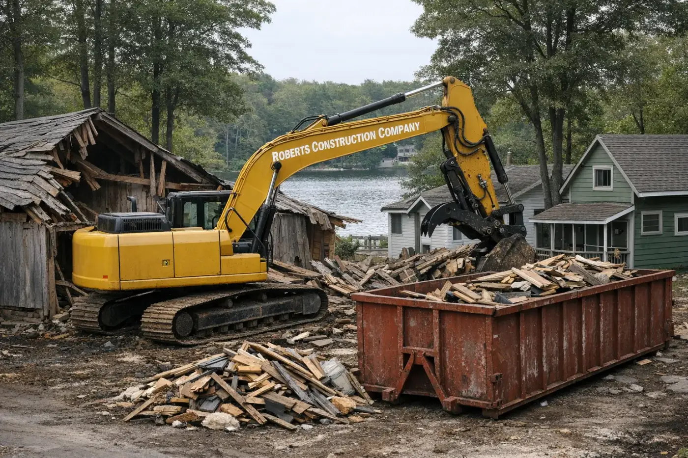 Demolition contractor in Coventry, RI — Roberts Construction Company excavator taking down a barn