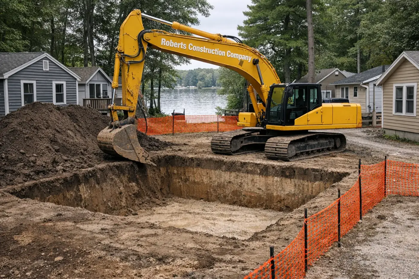 Excavation contractor in Coventry, RI — Roberts Construction Company excavator digging a foundation on a Coventry jobsite