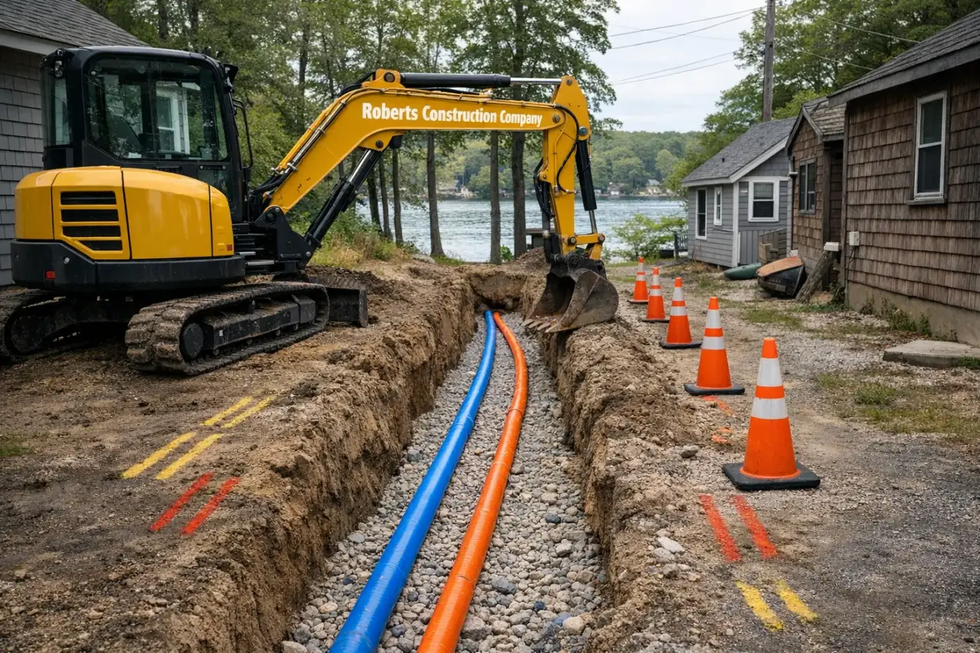 Underground utilities in Coventry, RI — Roberts Construction Company excavator over an open water line and conduit trench