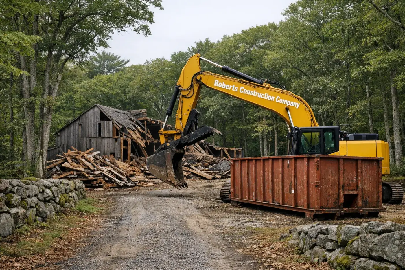 Demolition contractor in Foster, RI — Roberts Construction Company excavator taking down a barn