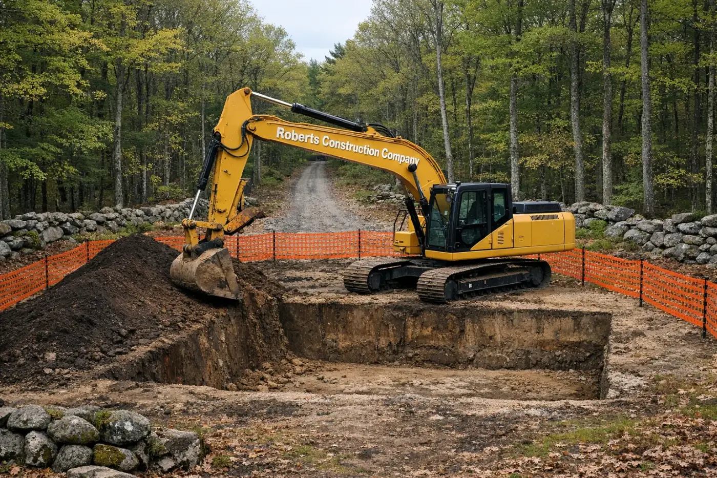 Excavation contractor in Foster, RI — Roberts Construction Company excavator digging a foundation on a Foster jobsite