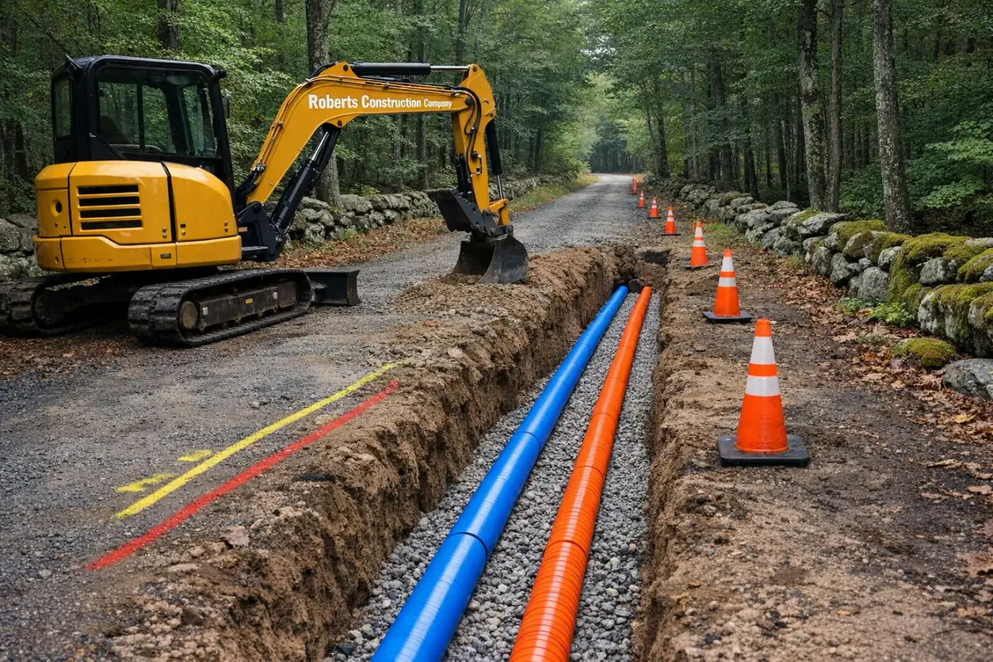 Underground utilities in Foster, RI — Roberts Construction Company excavator over an open water line and conduit trench