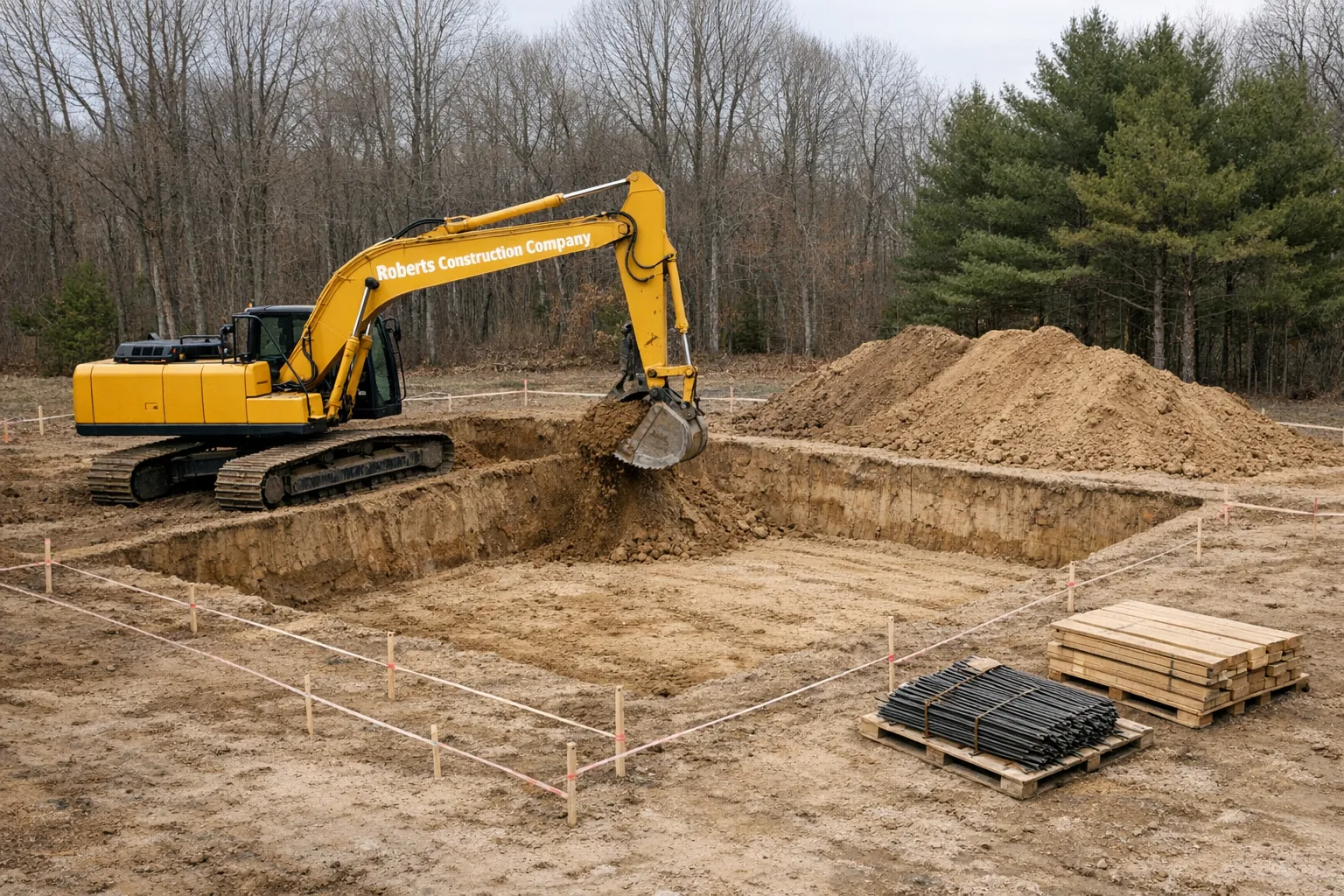Foundation excavation cut into eastern Connecticut till and ledge, with frost-line depth measured at the corner