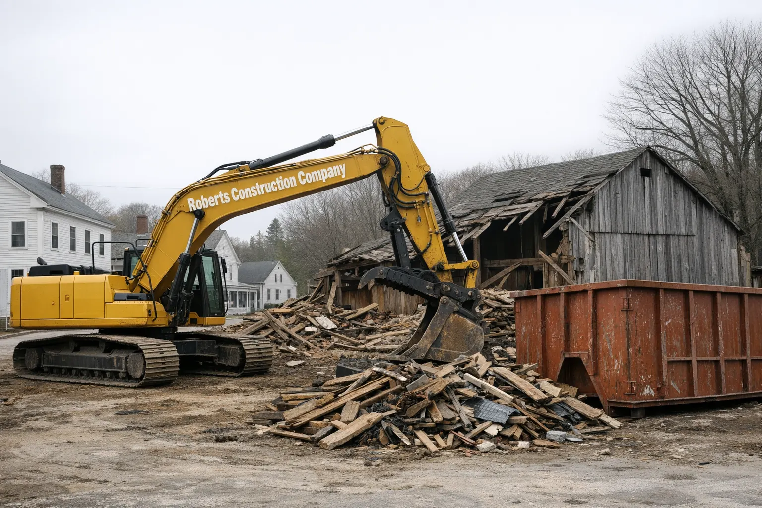 Demolition contractor in Glocester, RI — Roberts Construction Company excavator taking down a barn