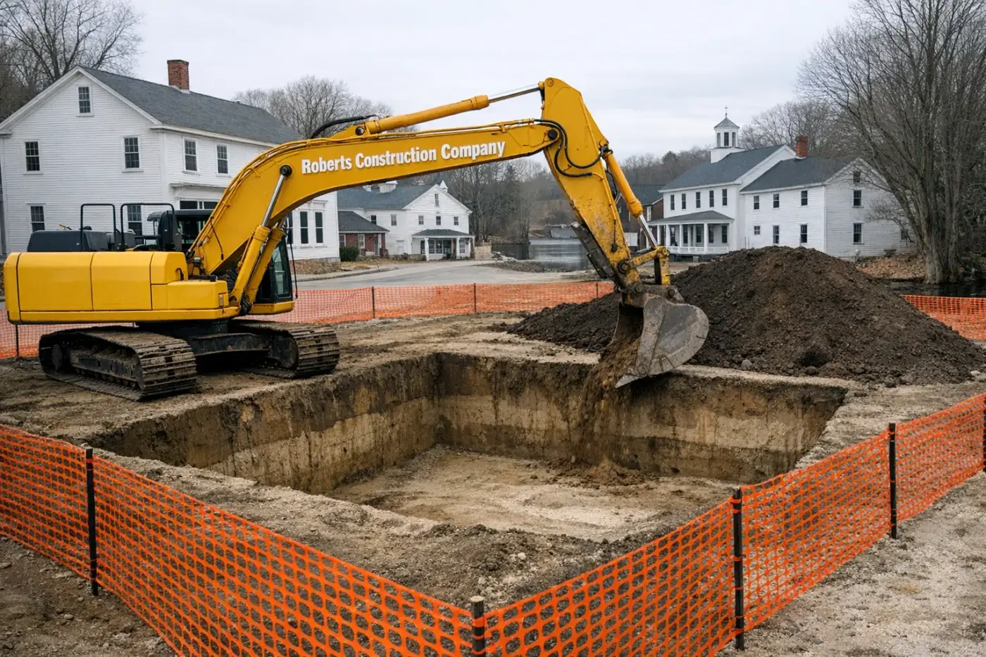 Excavation contractor in Glocester, RI — Roberts Construction Company excavator digging a foundation on a Glocester jobsite
