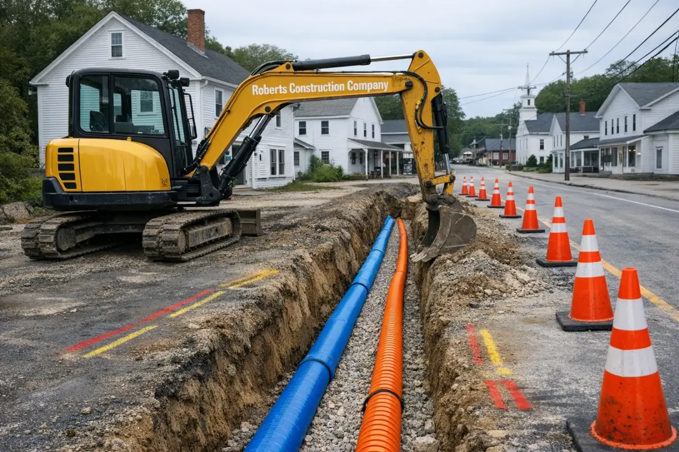 Underground utilities in Glocester, RI — Roberts Construction Company excavator over an open water line and conduit trench