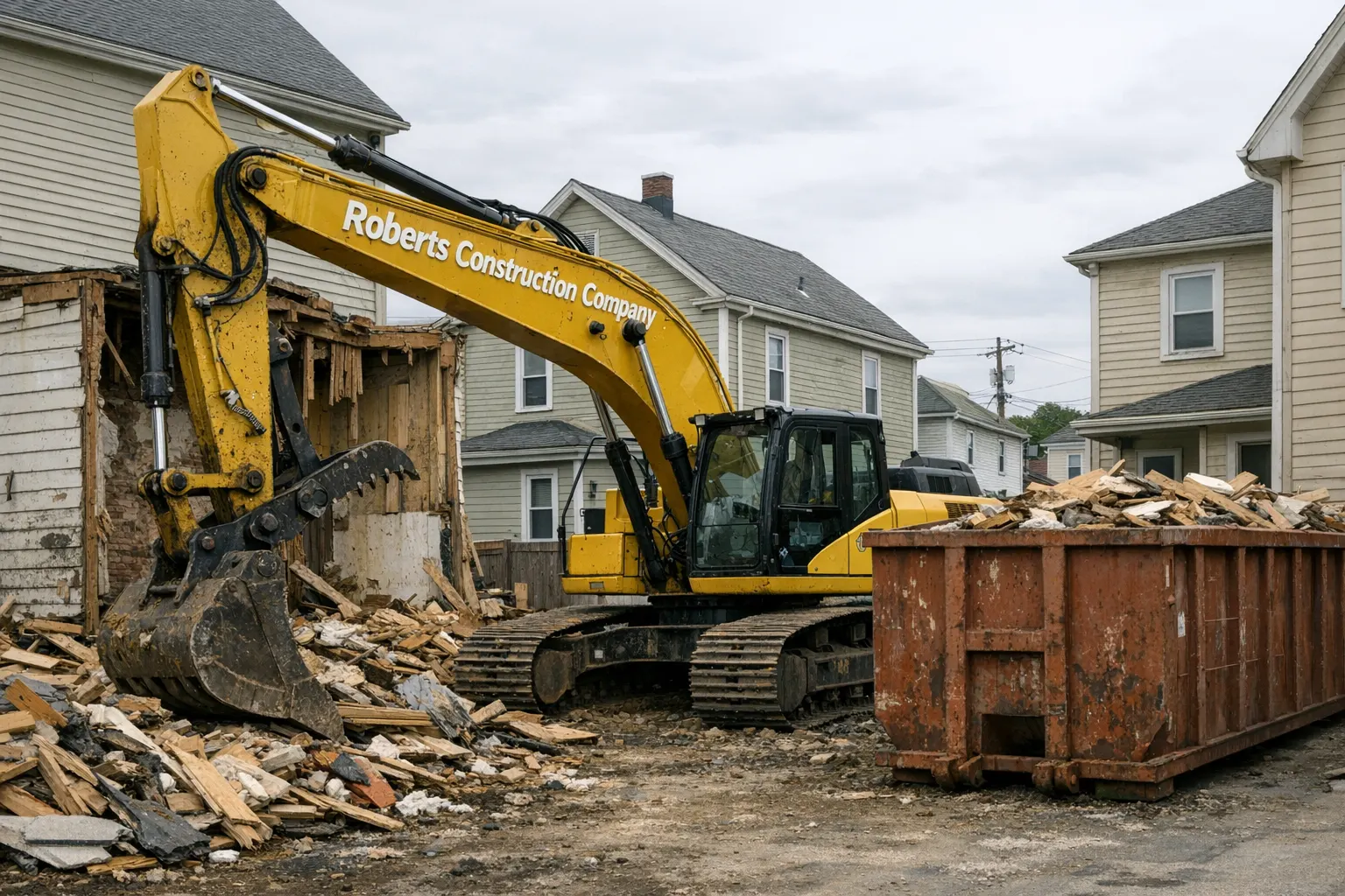 Demolition contractor in Griswold, CT — Roberts Construction Company excavator taking down a house