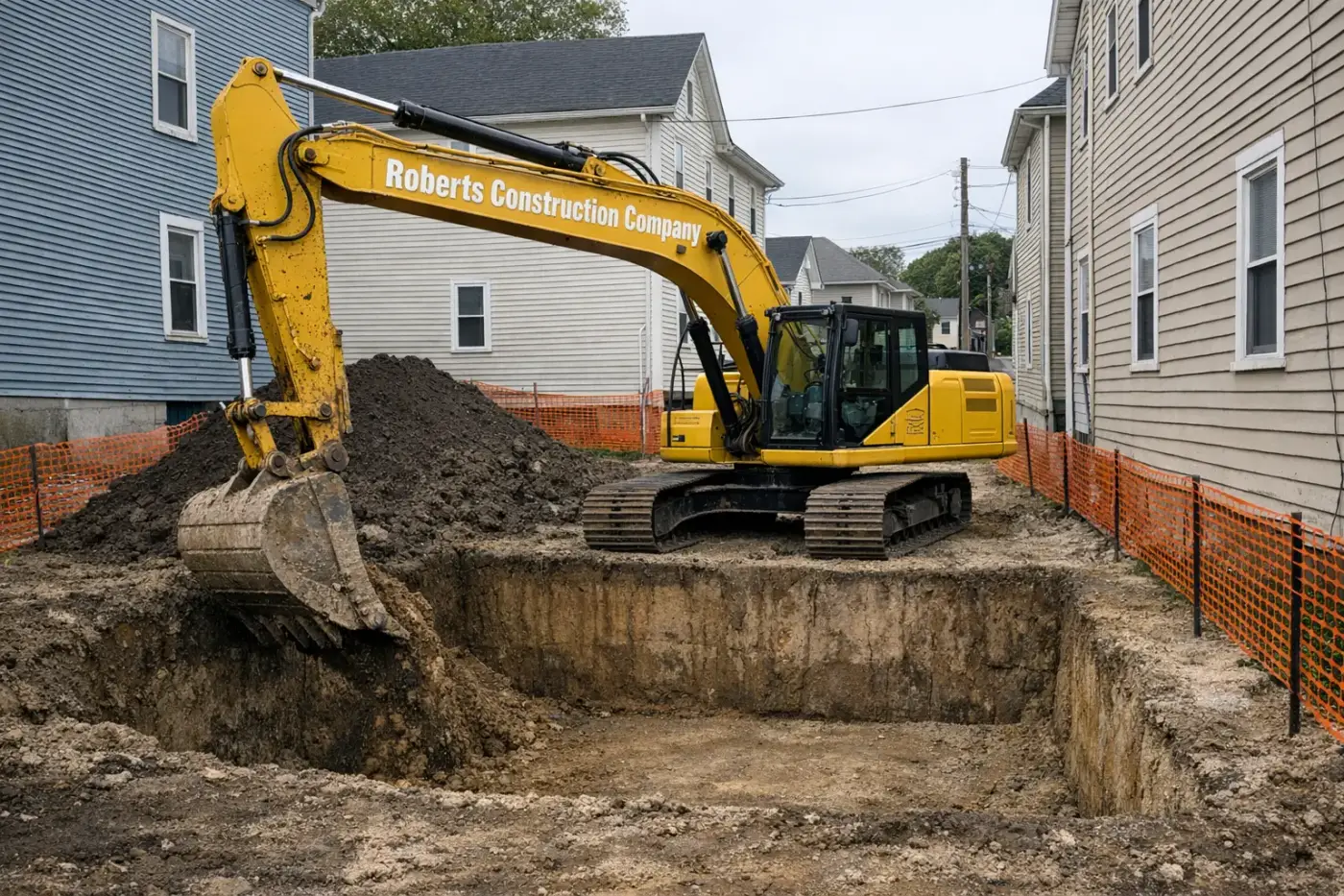 Excavation contractor in Griswold, CT — Roberts Construction Company excavator digging a foundation on a Griswold jobsite