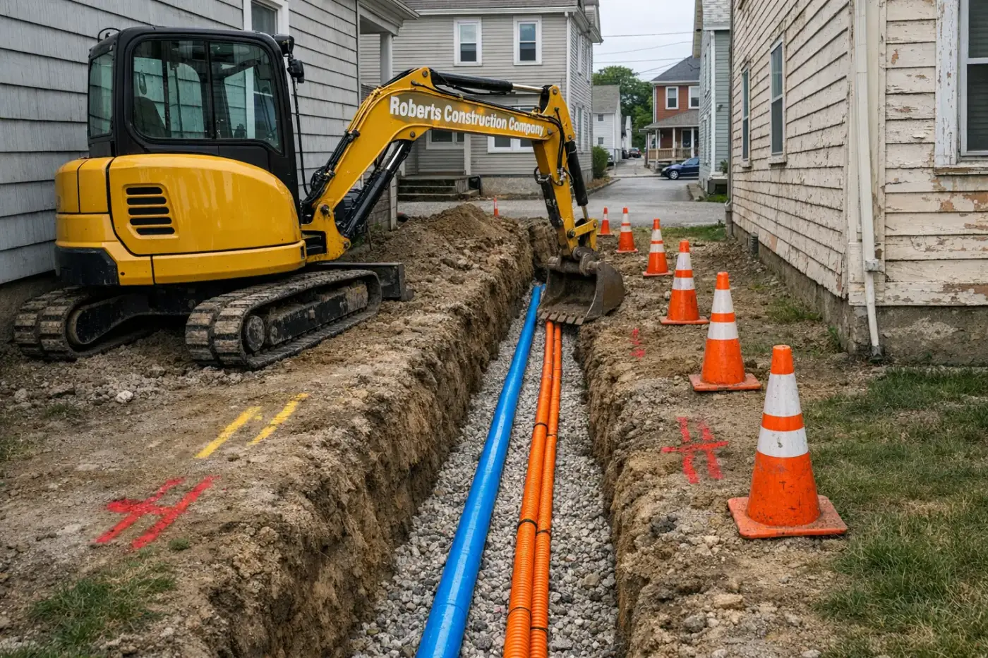 Underground utilities in Griswold, CT — Roberts Construction Company excavator over an open water line and conduit trench