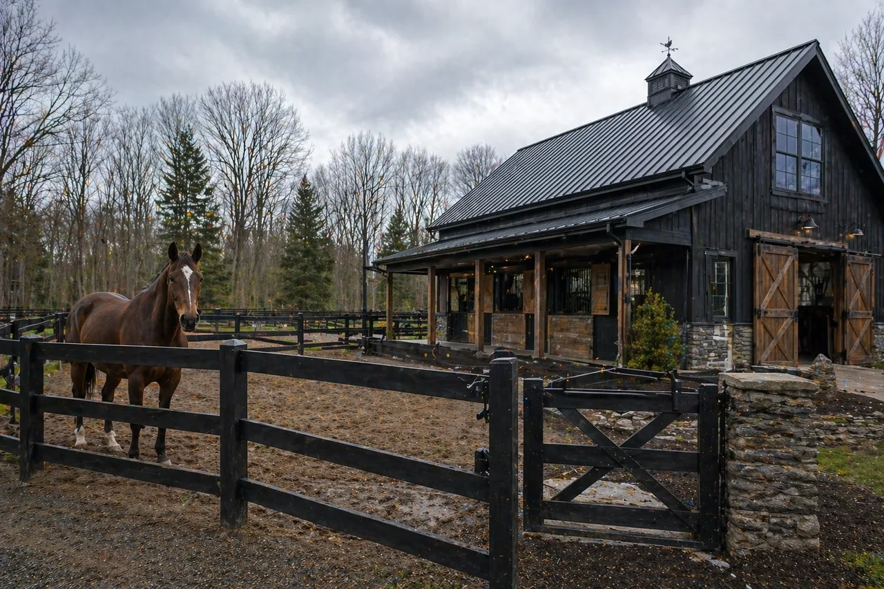 Exterior of a custom horse barn and paddock area