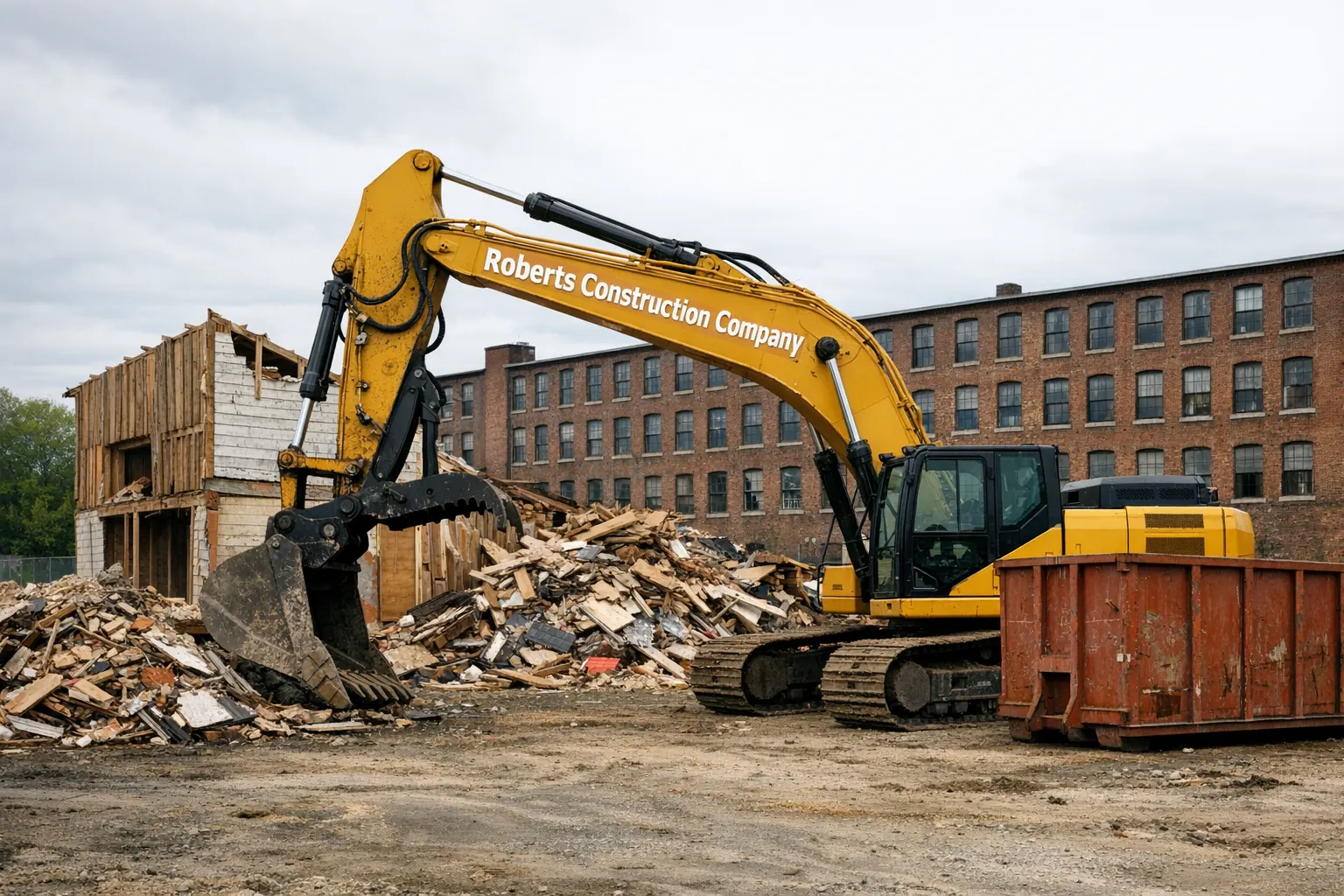 Demolition contractor in Killingly, CT — Roberts Construction Company excavator taking down a house