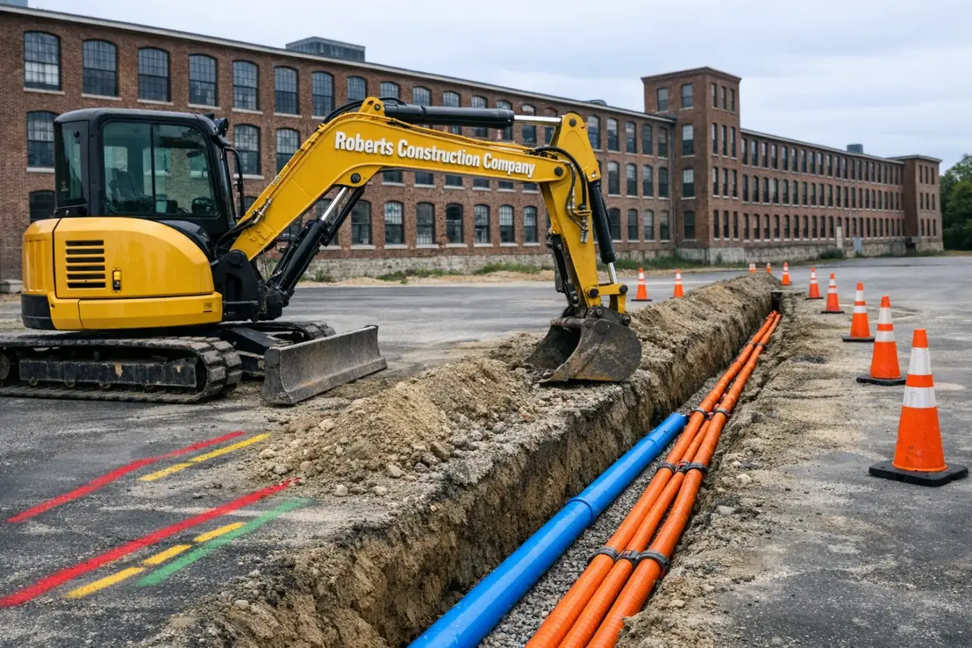 Underground utilities in Killingly, CT — Roberts Construction Company excavator over an open water line and conduit trench