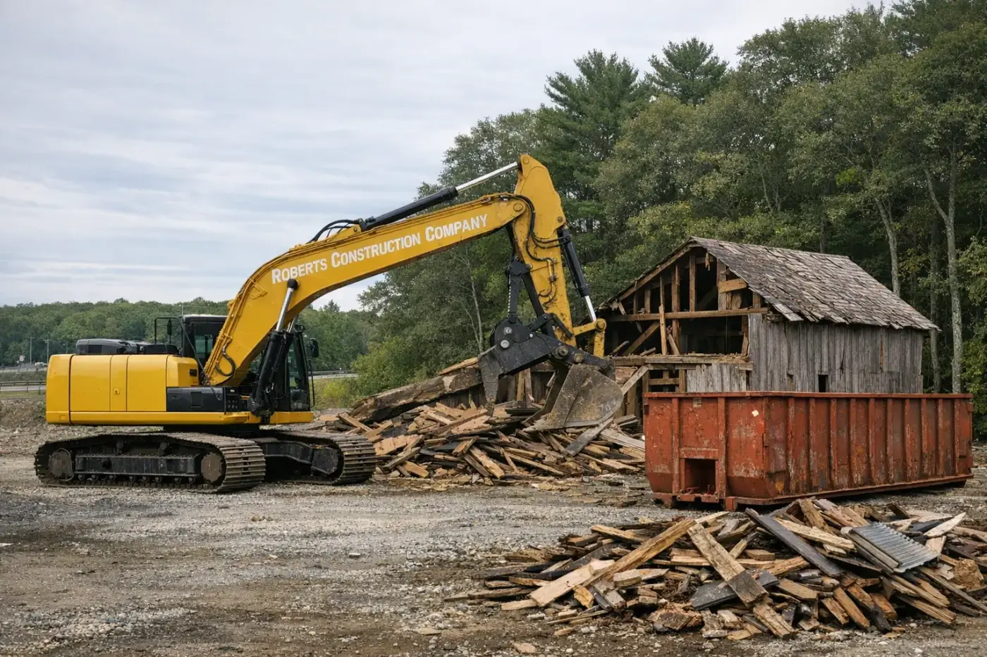 Demolition contractor in Lisbon, CT — Roberts Construction Company excavator taking down a barn