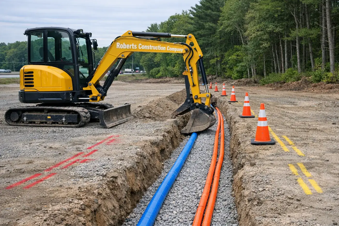 Underground utilities in Lisbon, CT — Roberts Construction Company excavator over an open water line and conduit trench