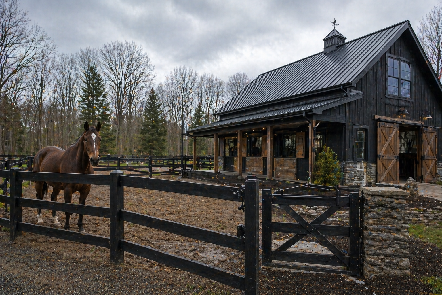 Horse barn interior aisle and stalls