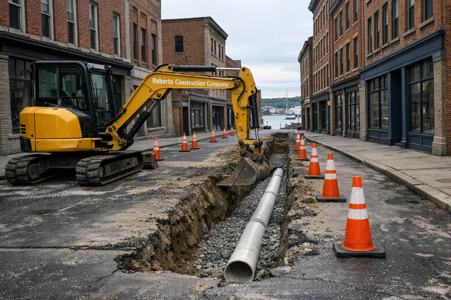 Roberts Construction Company excavator on a jobsite in the Chelsea neighborhood of Norwich, CT