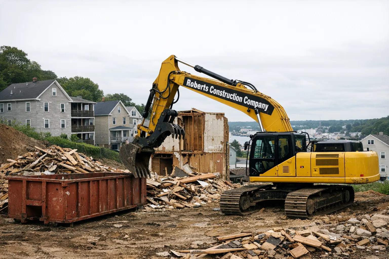 Demolition contractor in Norwich, CT — Roberts Construction Company excavator taking down a house
