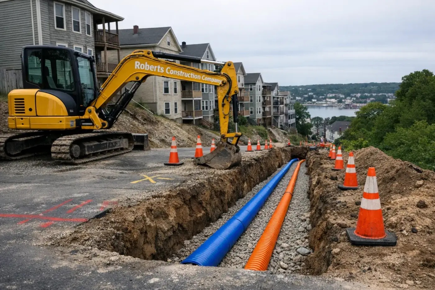 Underground utilities in Norwich, CT — Roberts Construction Company excavator over an open water line and conduit trench