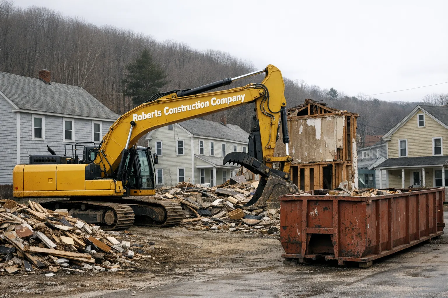 Demolition contractor in Plainfield, CT — Roberts Construction Company excavator taking down a house