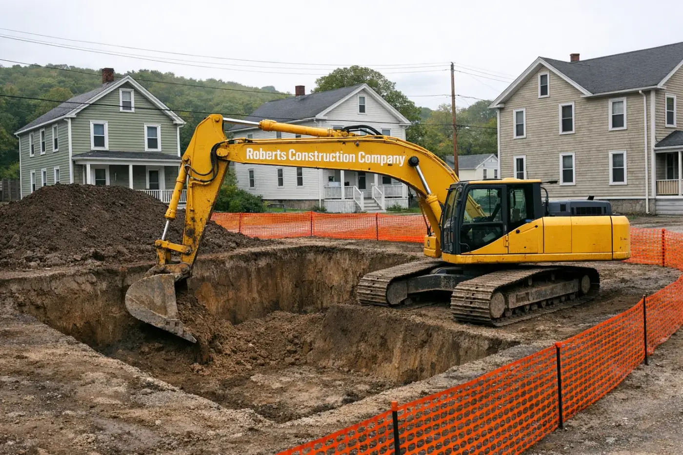 Excavation contractor in Plainfield, CT — Roberts Construction Company excavator digging a foundation on a Plainfield jobsite