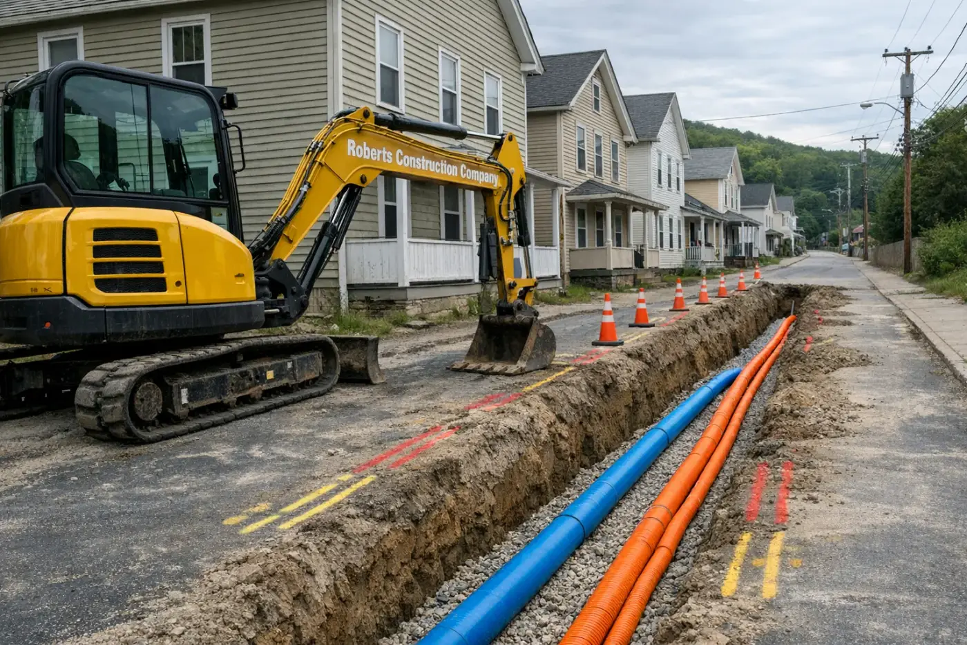 Underground utilities in Plainfield, CT — Roberts Construction Company excavator over an open water line and conduit trench