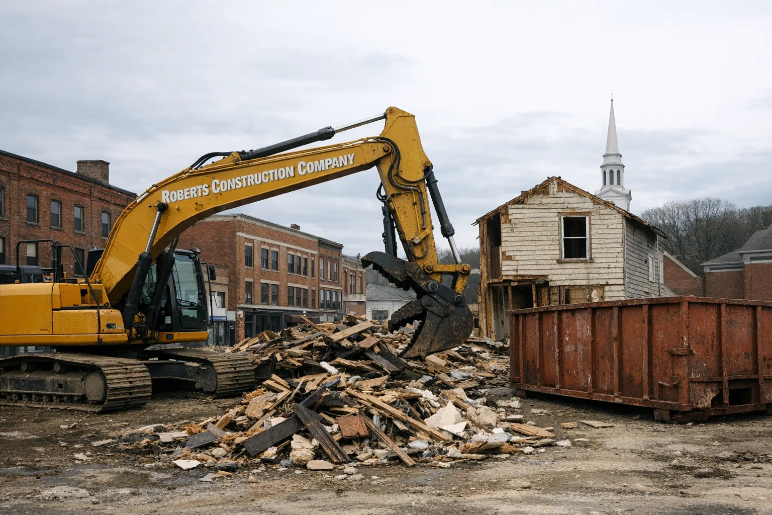 Demolition contractor in Putnam, CT — Roberts Construction Company excavator taking down a house