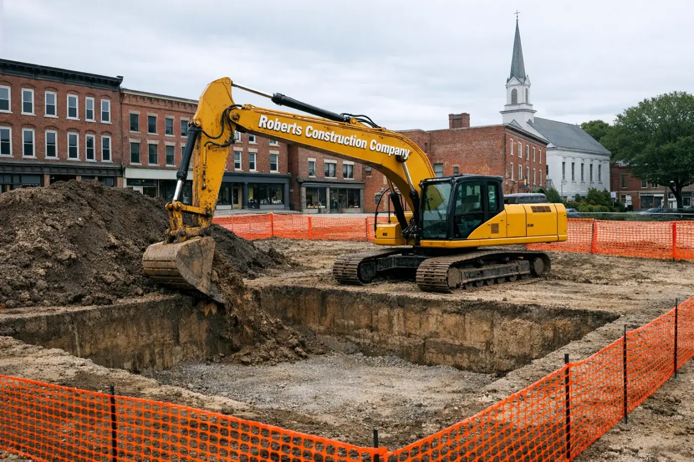 Excavation contractor in Putnam, CT — Roberts Construction Company excavator digging a foundation on a Putnam jobsite