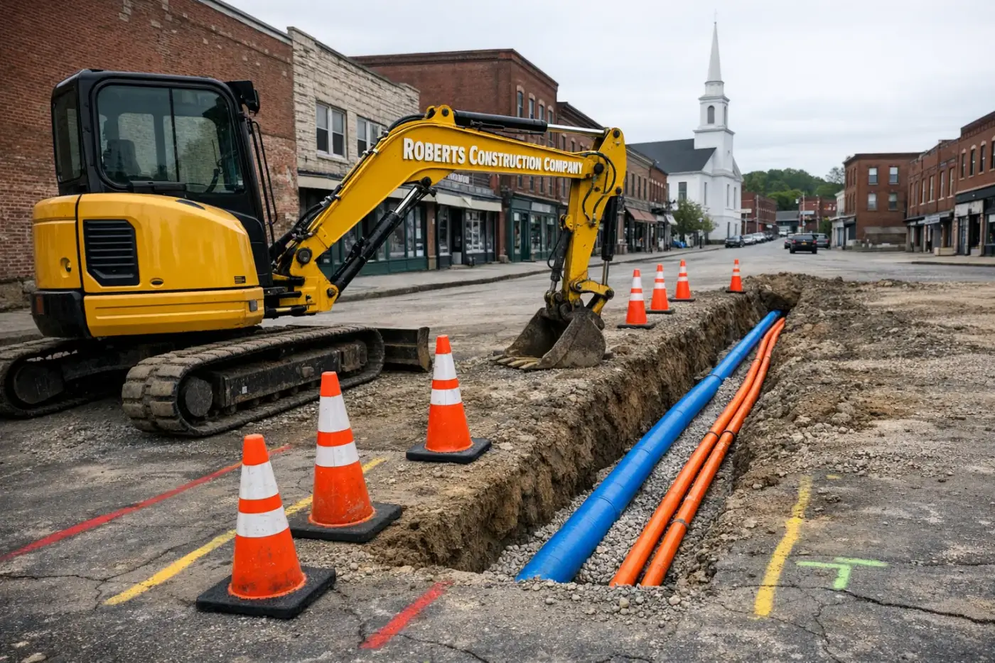 Underground utilities in Putnam, CT — Roberts Construction Company excavator over an open water line and conduit trench