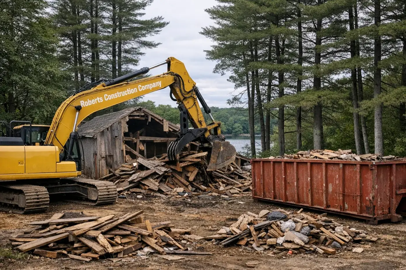 Demolition contractor in Scituate, RI — Roberts Construction Company excavator taking down a barn