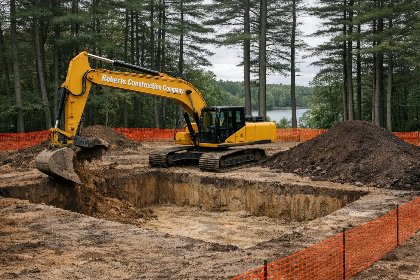 Excavation contractor in Scituate, RI — Roberts Construction Company excavator digging a foundation on a Scituate jobsite