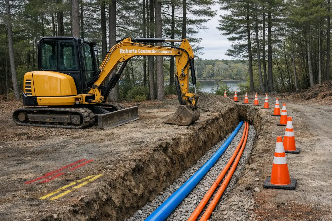 Underground utilities in Scituate, RI — Roberts Construction Company excavator over an open water line and conduit trench