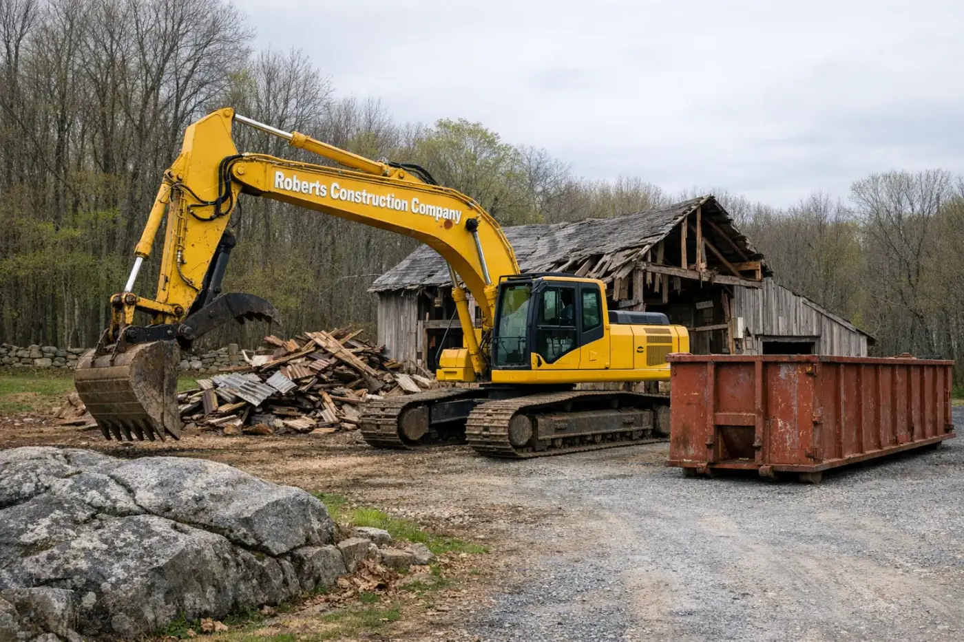 Demolition contractor in Sterling, CT — Roberts Construction Company excavator taking down a barn