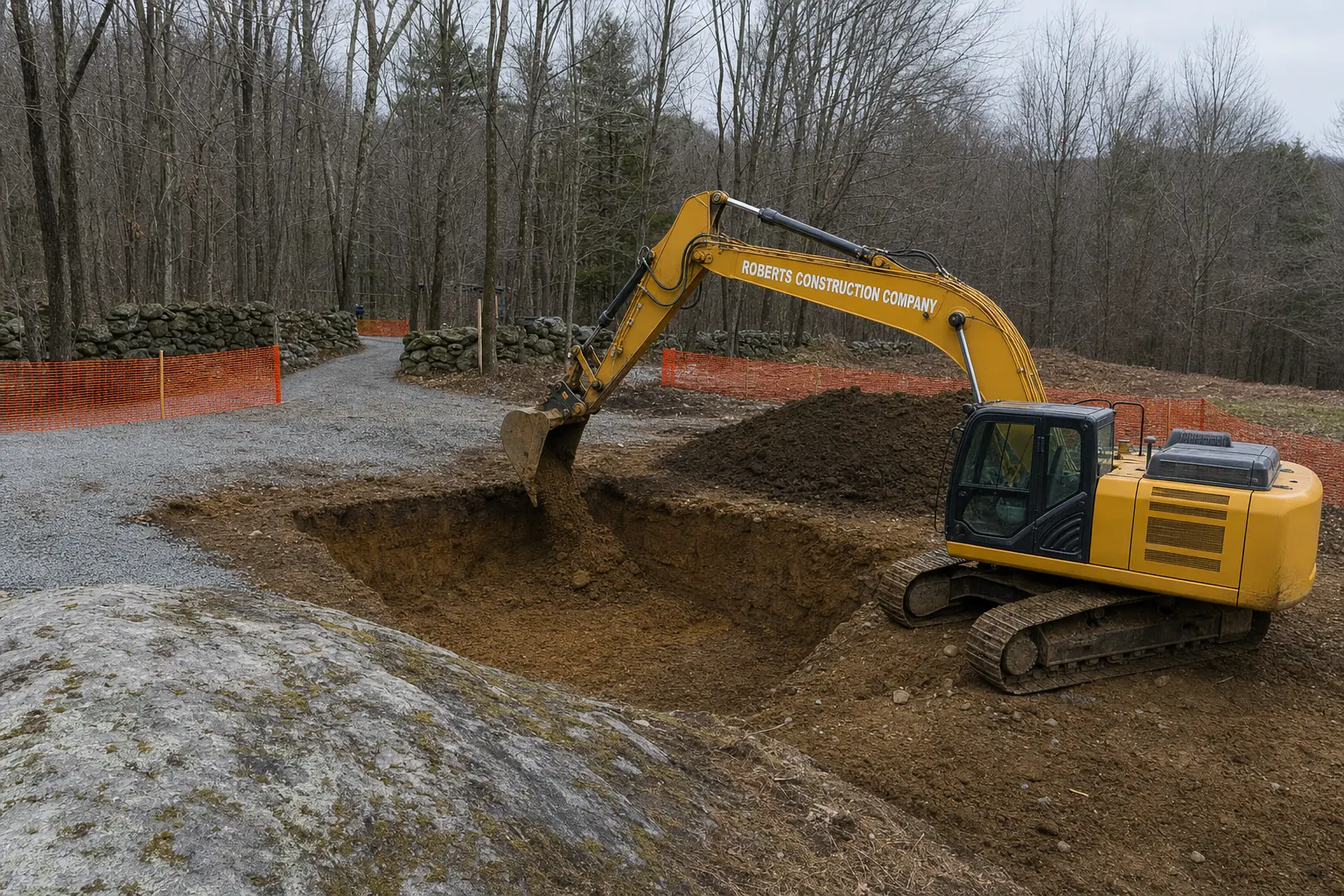Excavation contractor in Sterling, CT — Roberts Construction Company excavator digging a foundation on a Sterling jobsite beside granite ledge