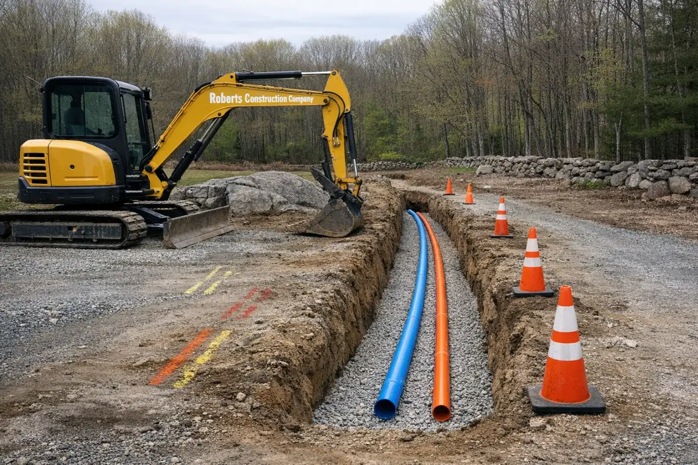 Underground utilities in Sterling, CT — Roberts Construction Company excavator over an open water line and conduit trench