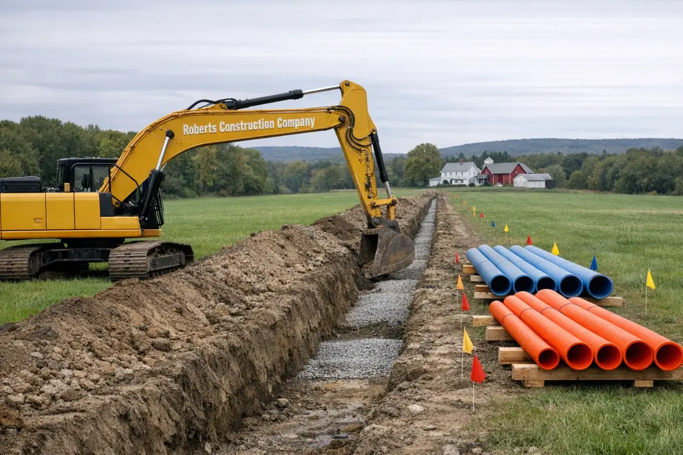 Roberts Construction Company underground utility trenching in eastern Connecticut — open trench with conduit and bedding placed to utility spec
