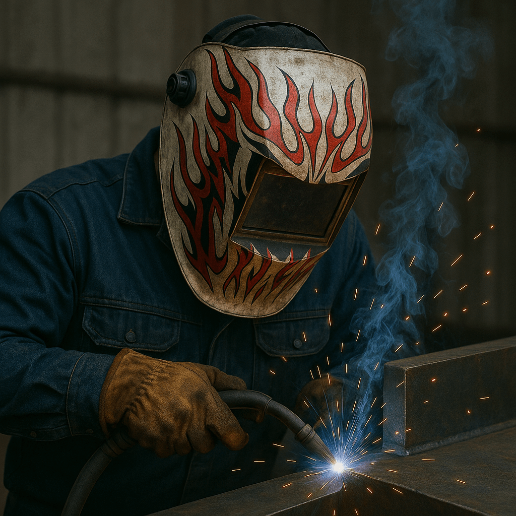 Professional welder with custom flame helmet creating sparks