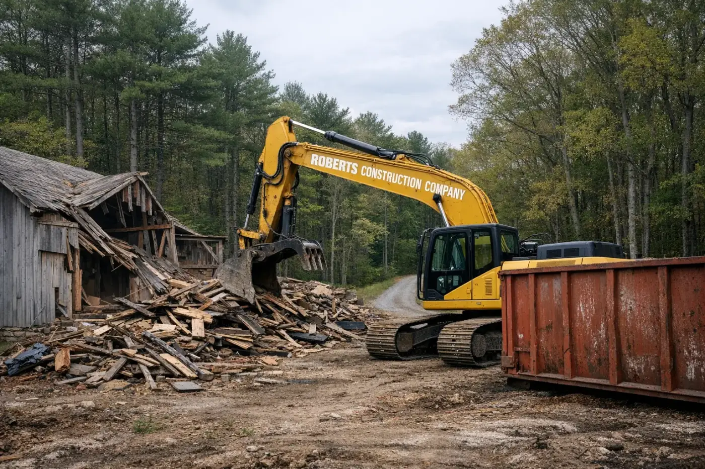 Demolition contractor in West Greenwich, RI — Roberts Construction Company excavator taking down a barn