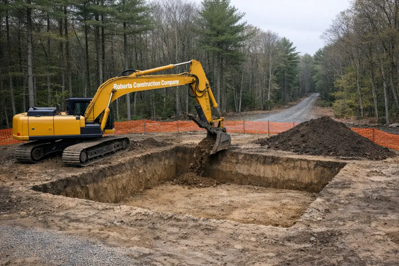 Excavation contractor in West Greenwich, RI — Roberts Construction Company excavator digging a foundation on a West Greenwich jobsite