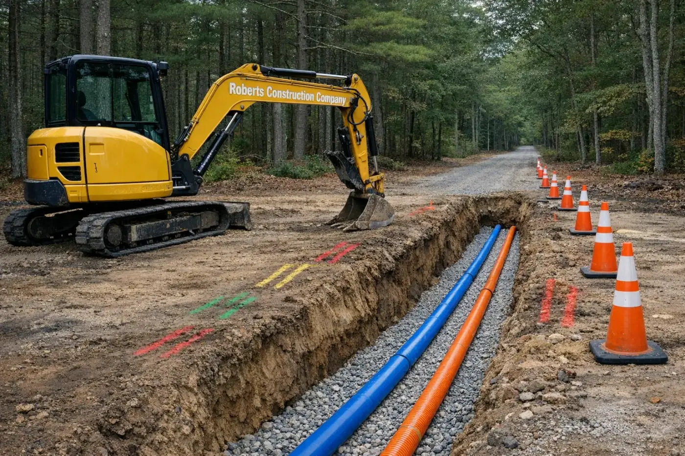 Underground utilities in West Greenwich, RI — Roberts Construction Company excavator over an open water line and conduit trench