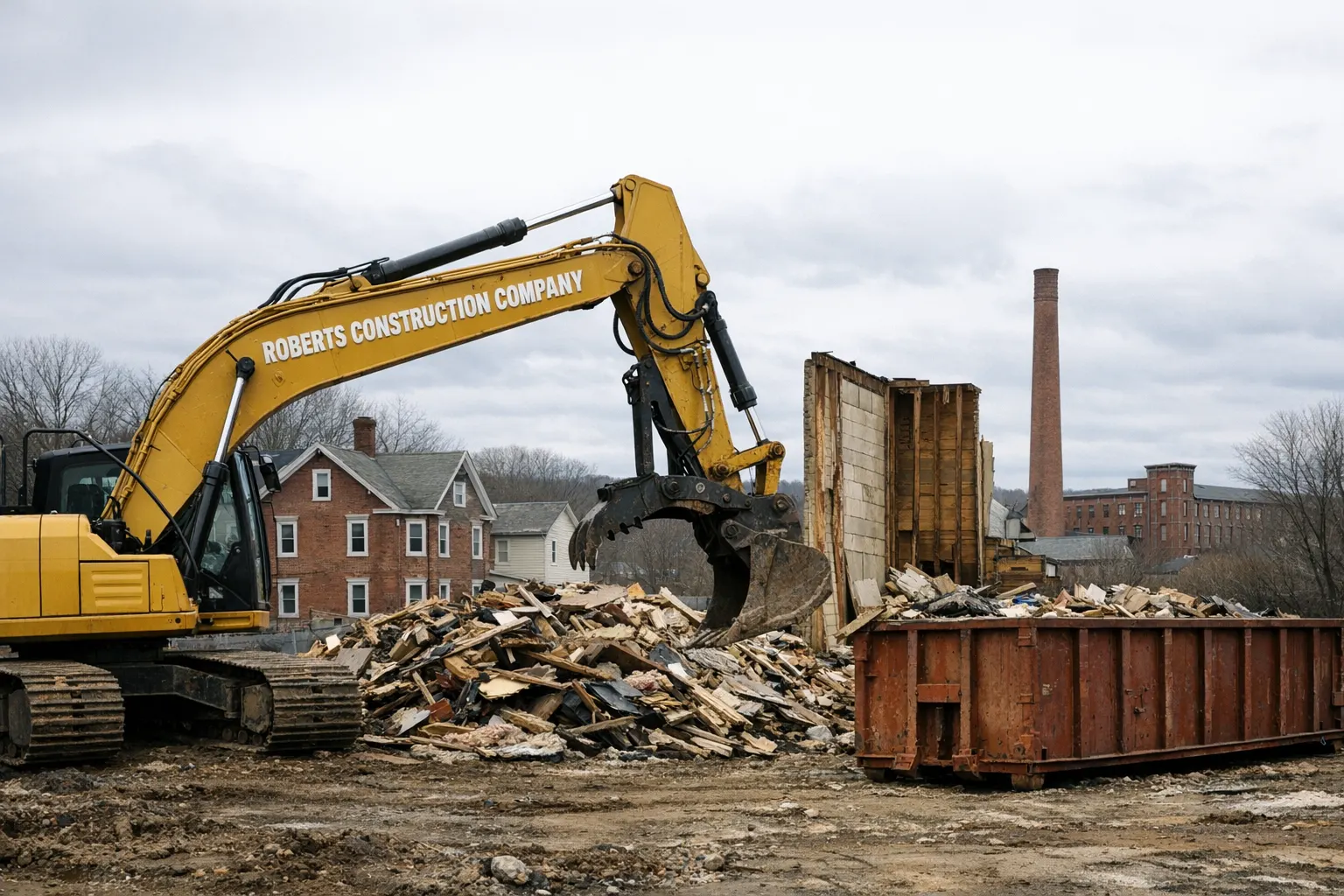 Demolition contractor in Willimantic, CT — Roberts Construction Company excavator taking down a house