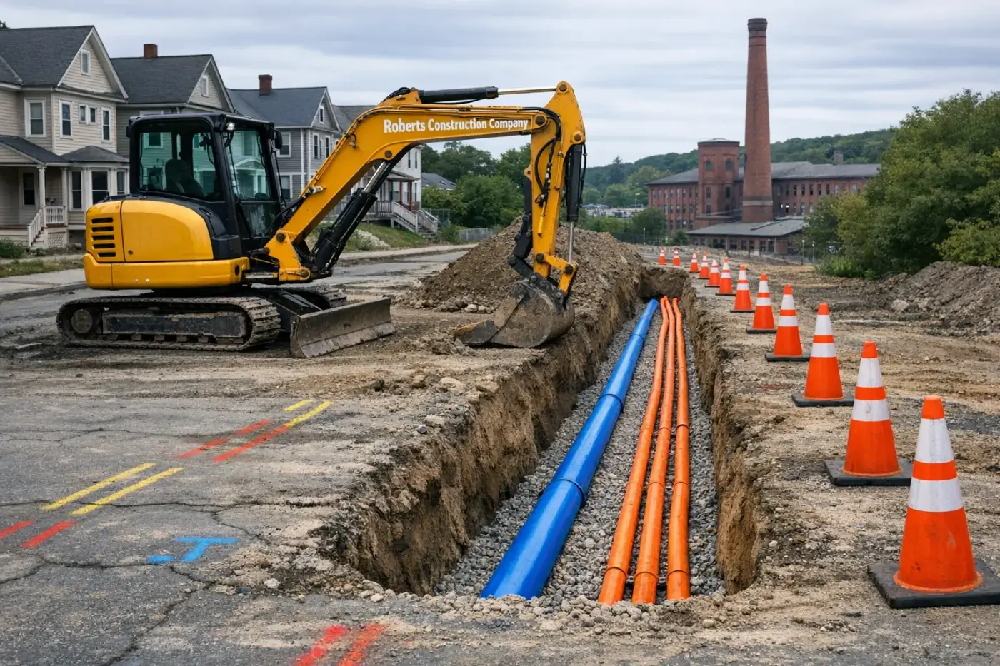 Underground utilities in Willimantic, CT — Roberts Construction Company excavator over an open water line and conduit trench